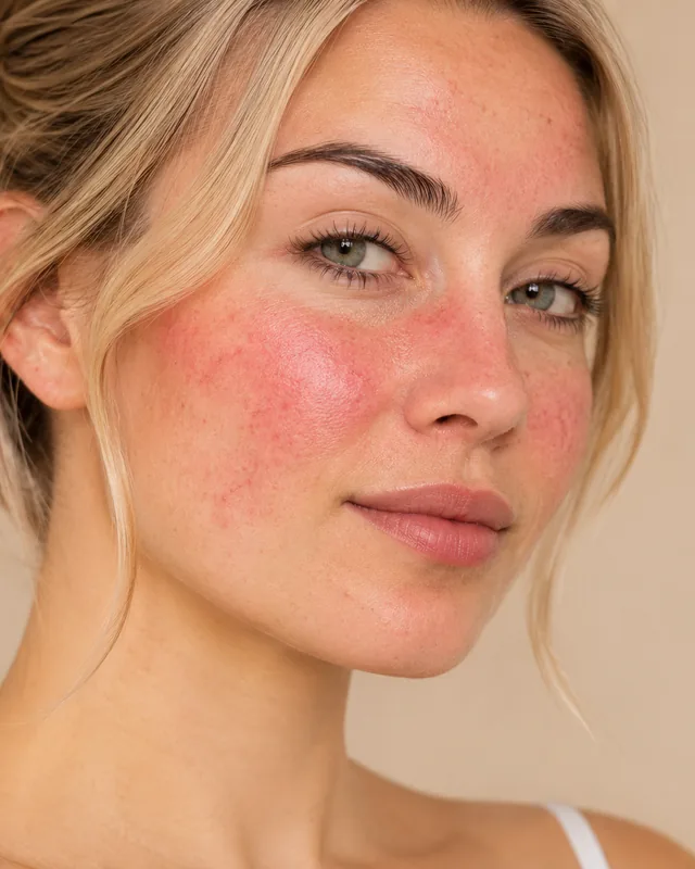 Woman with visible redness and flushing across her cheeks