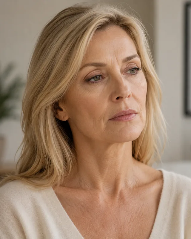 Woman with tired, stressed-looking skin gazing thoughtfully into the distance