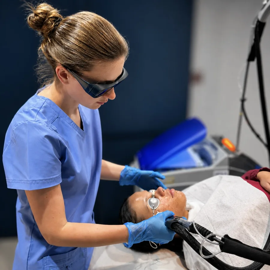 A clinician carrying out an acne treatment on a patient wearing eye shields at Rejuvena Clinic, Bedford