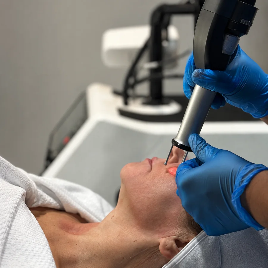 A laser skin resurfacing handpiece being guided over a patient’s face at Rejuvena Clinic, Bedford