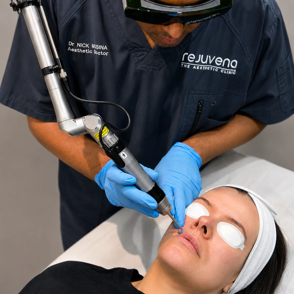 Dr Nick performing picolaser skin treatment with the Picofy handpiece at Rejuvena Clinic, Bedford