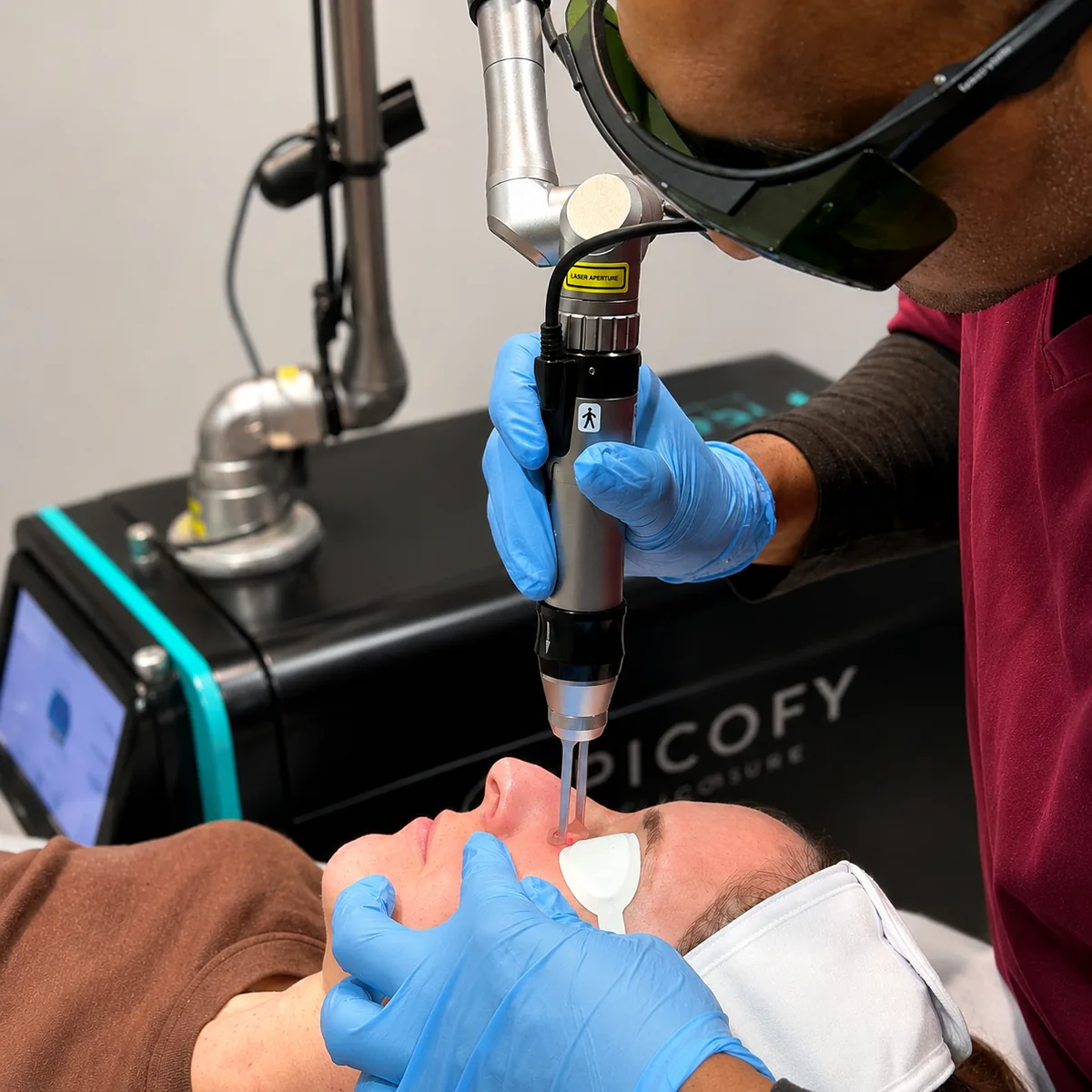 Dr Nick giving a pico laser treatment with the Picofy picosecond handpiece, patient wearing protective eye shields, at Rejuvena Clinic in Bedford
