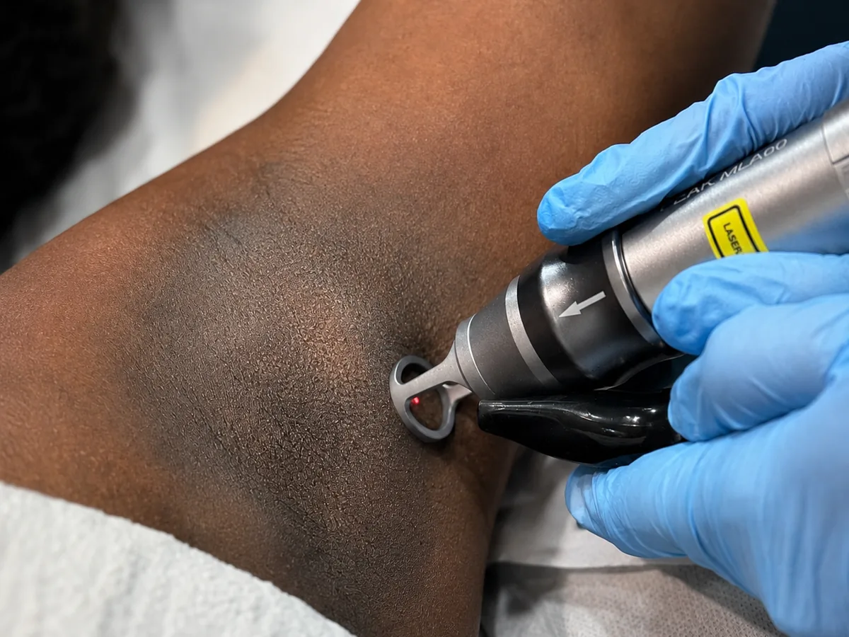 Close-up of a Picofy pico laser handpiece treating darkened underarm skin at Rejuvena Clinic in Bedford