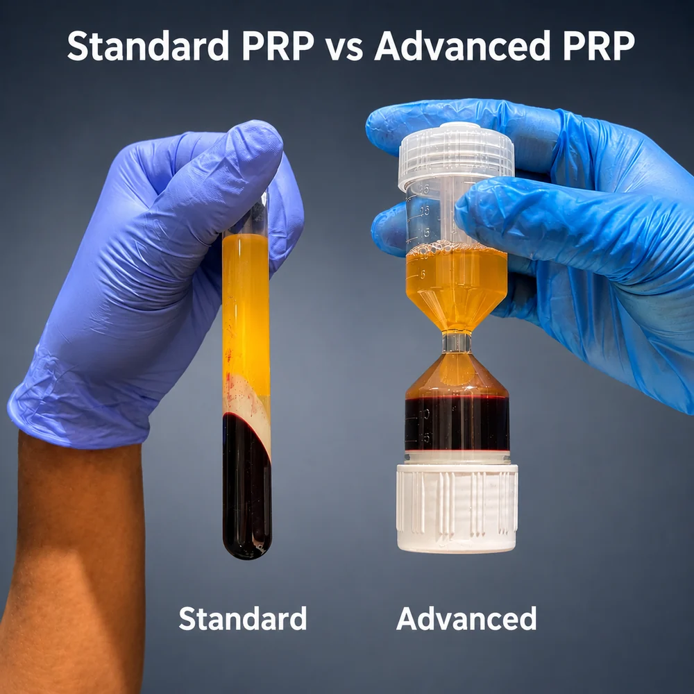 A standard PRP tube beside the patented WorldPRP separation device, showing the purer golden plasma it produces