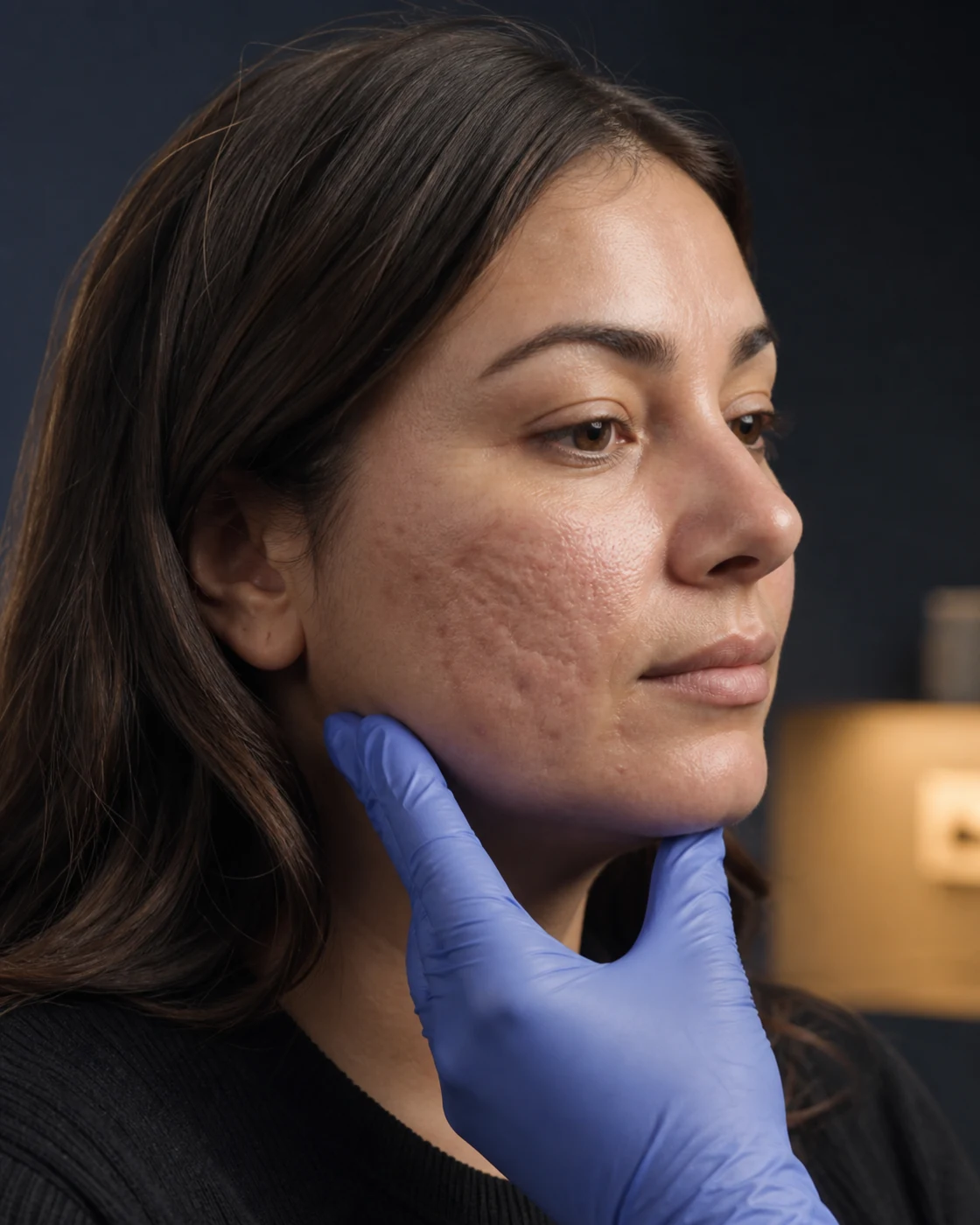 Adult cheek with rolling and boxcar atrophic acne scars during a clinical assessment
