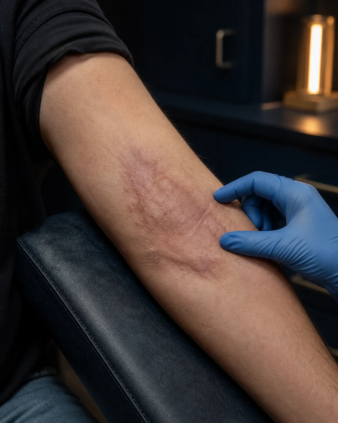 Healed mature burn scar on an adult arm during a clinical assessment