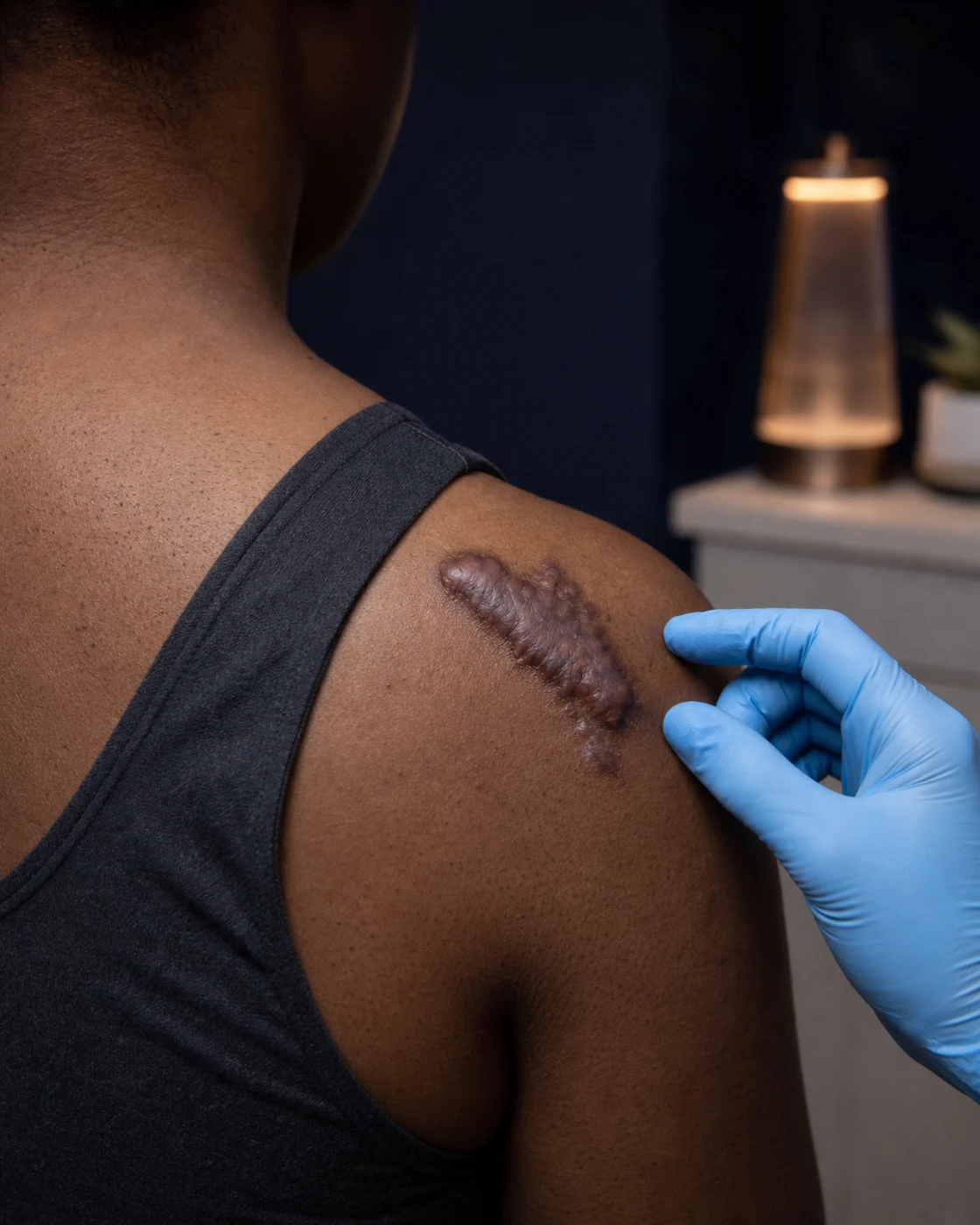 Raised mature keloid scar on an adult shoulder during a clinical assessment