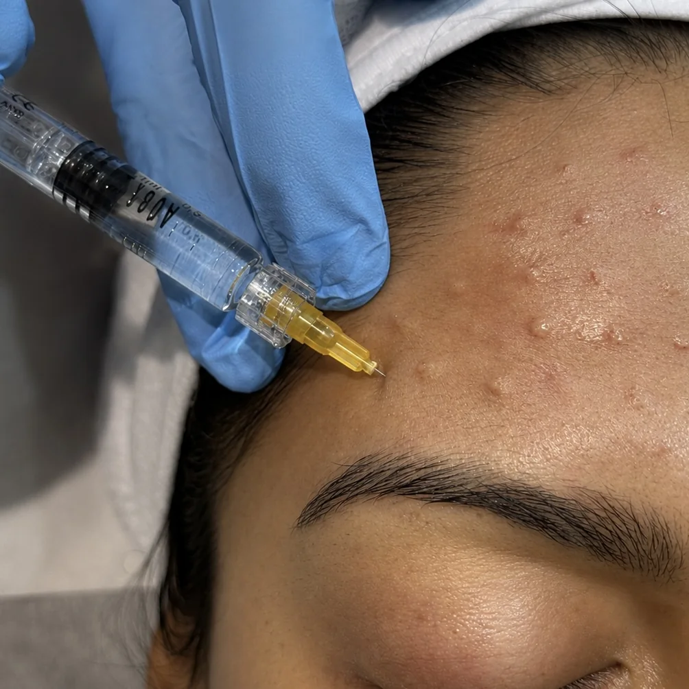 Polynucleotide microinjections placed across the forehead, showing the small raised blebs of product at Rejuvena Bedford