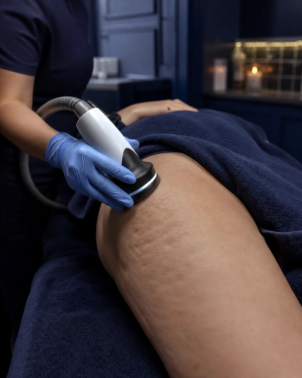 Close clinical view of cellulite dimpling and skin texture