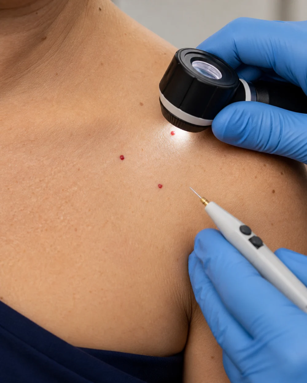 Illustrative clinical assessment of small red cherry angiomas on a patient's upper chest