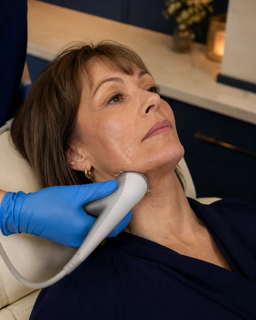 Illustrative clinical photograph of a skin-tightening handpiece used along the jawline