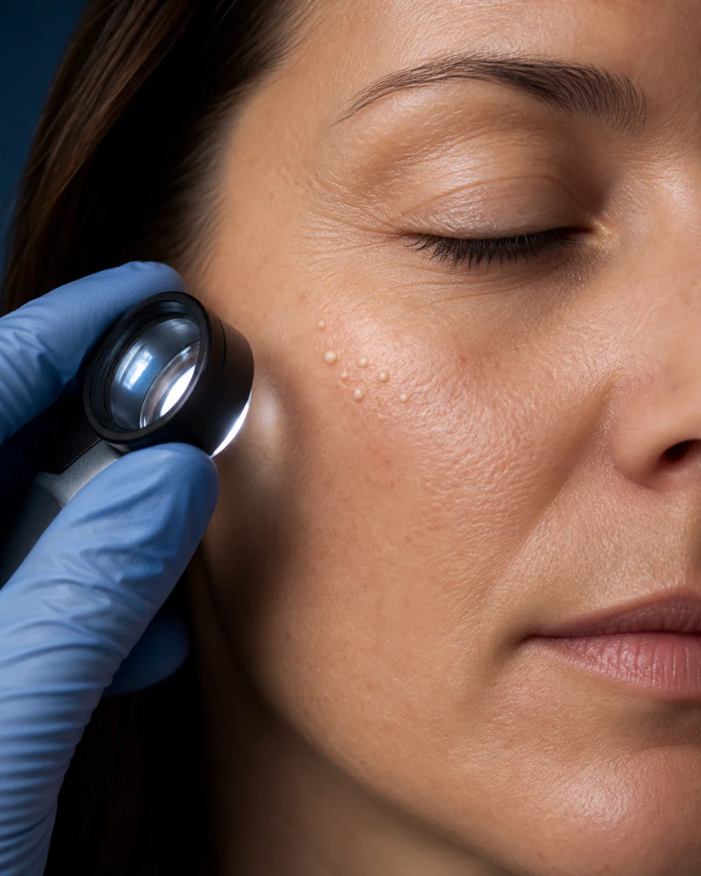 Illustrative clinical assessment of small pearly-white milia beneath the eye
