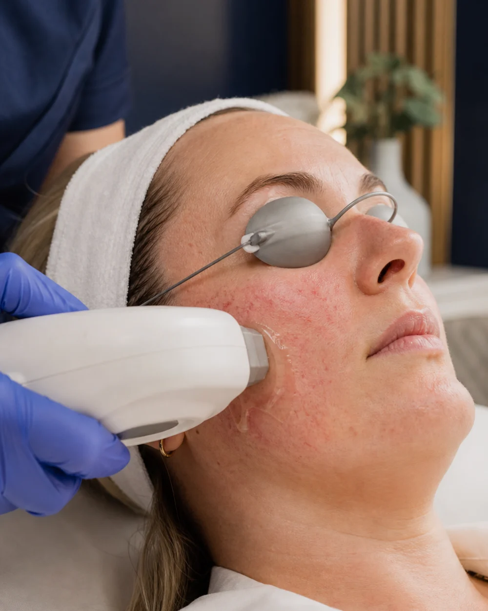 Illustrative IPL treatment of facial rosacea redness with protective eye shields