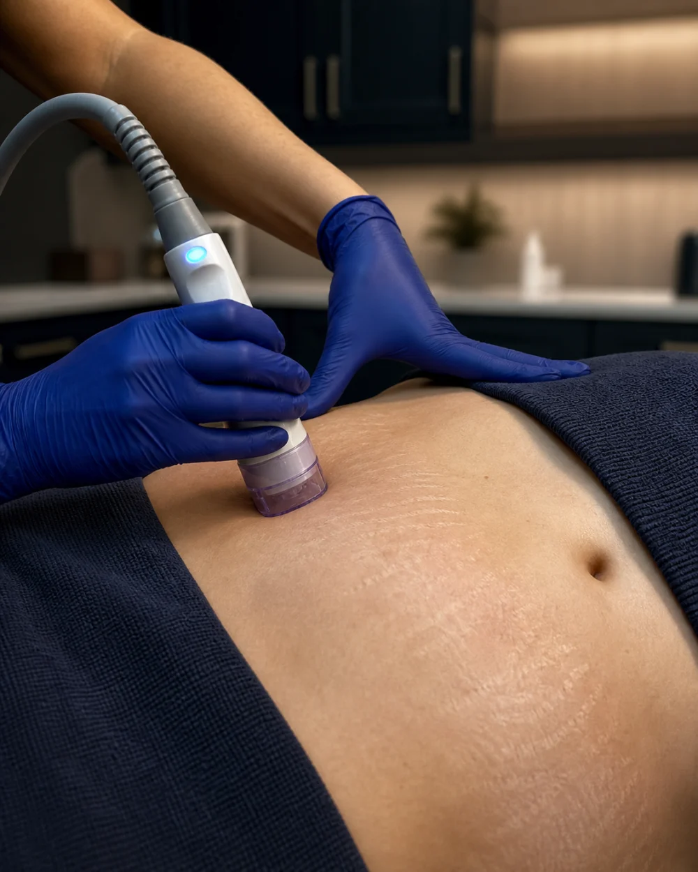 Illustrative radiofrequency microneedling treatment for abdominal stretch marks