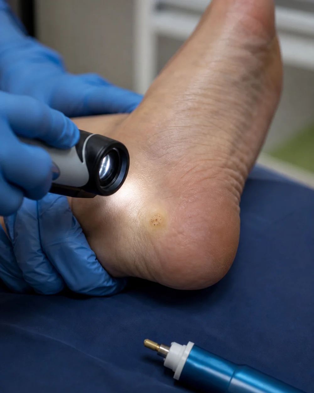 Illustrative clinical assessment of a plantar verruca on the heel
