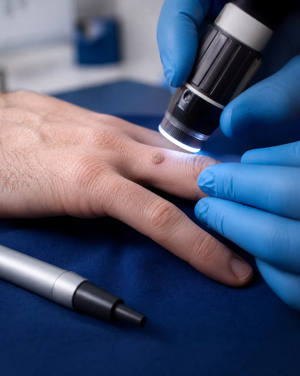 Illustrative clinical assessment of a common wart on the hand
