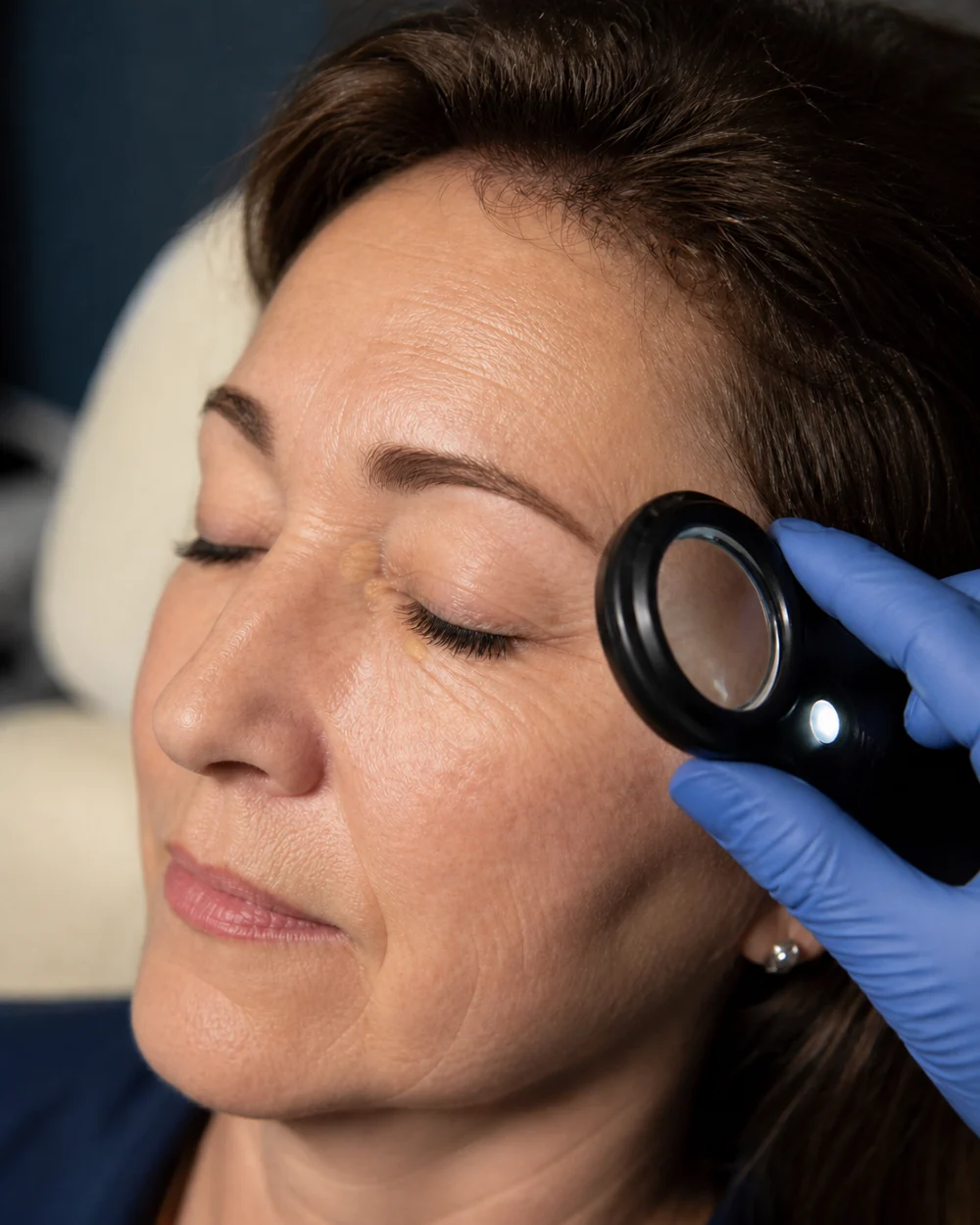 Illustrative clinical assessment of a flat yellow xanthelasma plaque on the inner eyelid